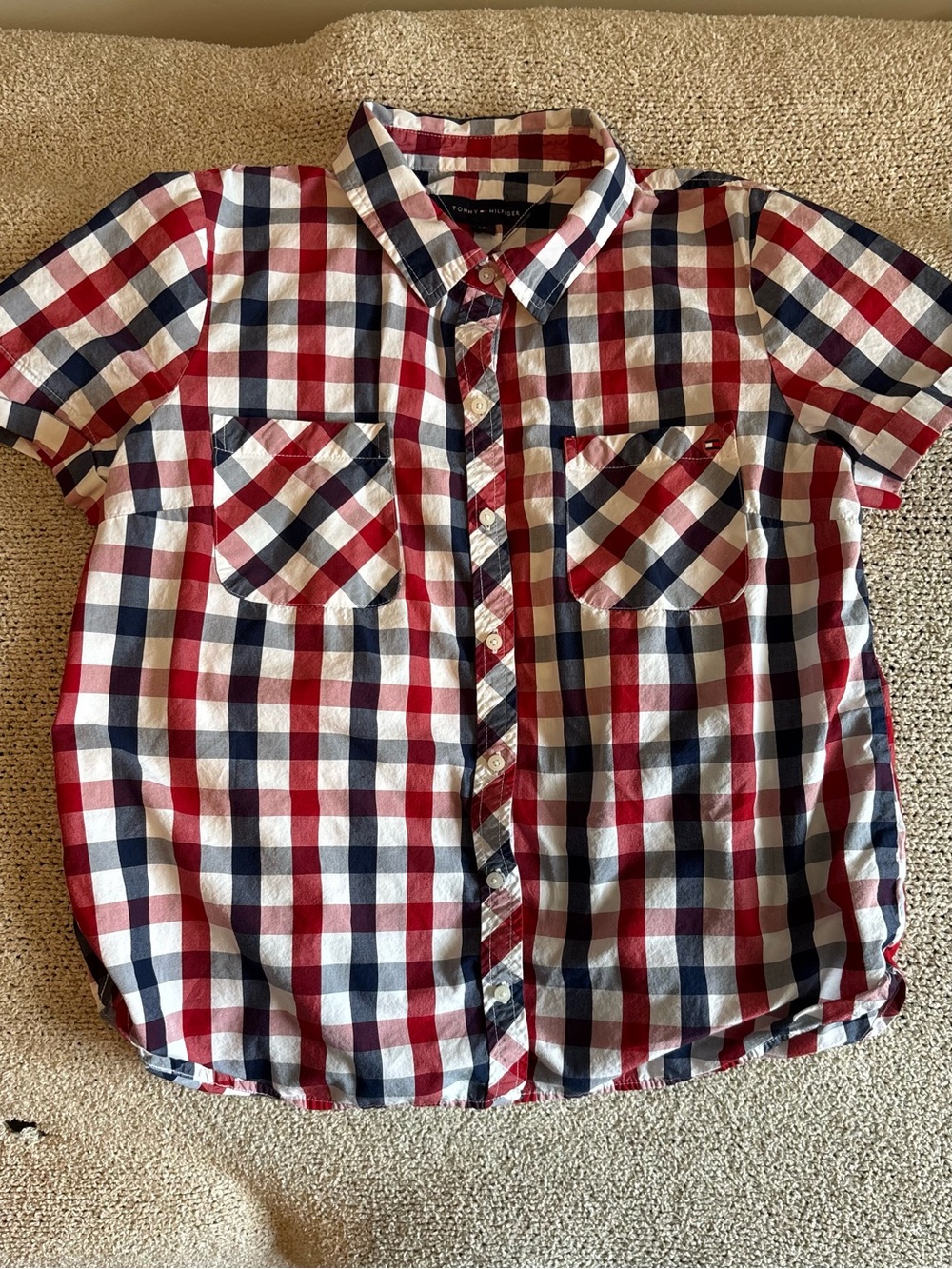 Tommy Hilfiger Red Navy White Plaid Short-Sleeve Button-Down